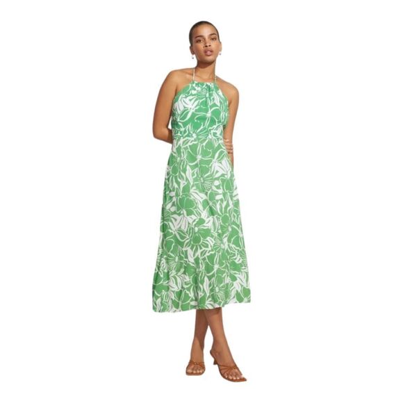 Faithfull The Brand Midi Halter Dress Summer  Tropical Lined Crepe Tie Back Sz 6 - Picture 1 of 13